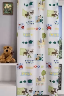 Kiddy-kétoldalas csíkos-állatmintás gyerekszobai dimout sötétítő függöny egyedi méretre varrva