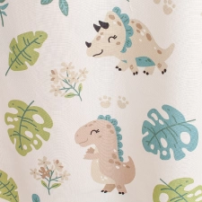 Dino - ekrü-barna-kék-zöld színű, dekor anyag sötétítő kevert vászon függöny, nyomott dinoszaurusz mintával, közepesen vastag egyedi méretre varrva
