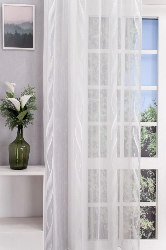 Fehér sablet függöny, szőtt, nyírt hullám mintás, organza betéttel, ólomzsinóros 1030252787