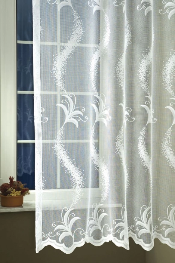 Fehér, növényi mintás jacquard függöny hullámos bordűrrel, ólomzsinór nélkül 1010060076