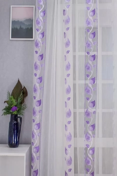 Lila leveles, szálbeszövéses, nyírt voile függöny organza betéttel egyedi méretre varrva